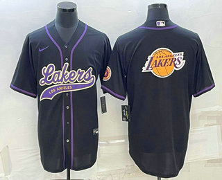 Men%27s Los Angeles Lakers Black Team Big Logo Cool Base Stitched Baseball Jersey